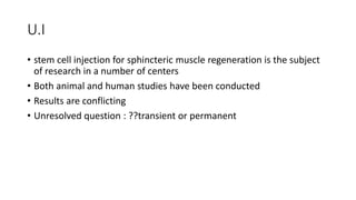 U.I
• stem cell injection for sphincteric muscle regeneration is the subject
of research in a number of centers
• Both animal and human studies have been conducted
• Results are conflicting
• Unresolved question : ??transient or permanent
 