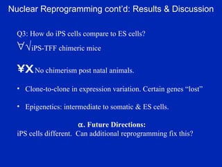 Nuclear Reprogramming cont’d: Results & Discussion Q3: How do iPS cells compare to ES cells?  iPS-TFF chimeric mice X   No chimerism post natal animals.  Clone-to-clone in expression variation. Certain genes “lost” Epigenetics: intermediate to somatic & ES cells.  . Future Directions: iPS cells different.  Can additional reprogramming fix this? 