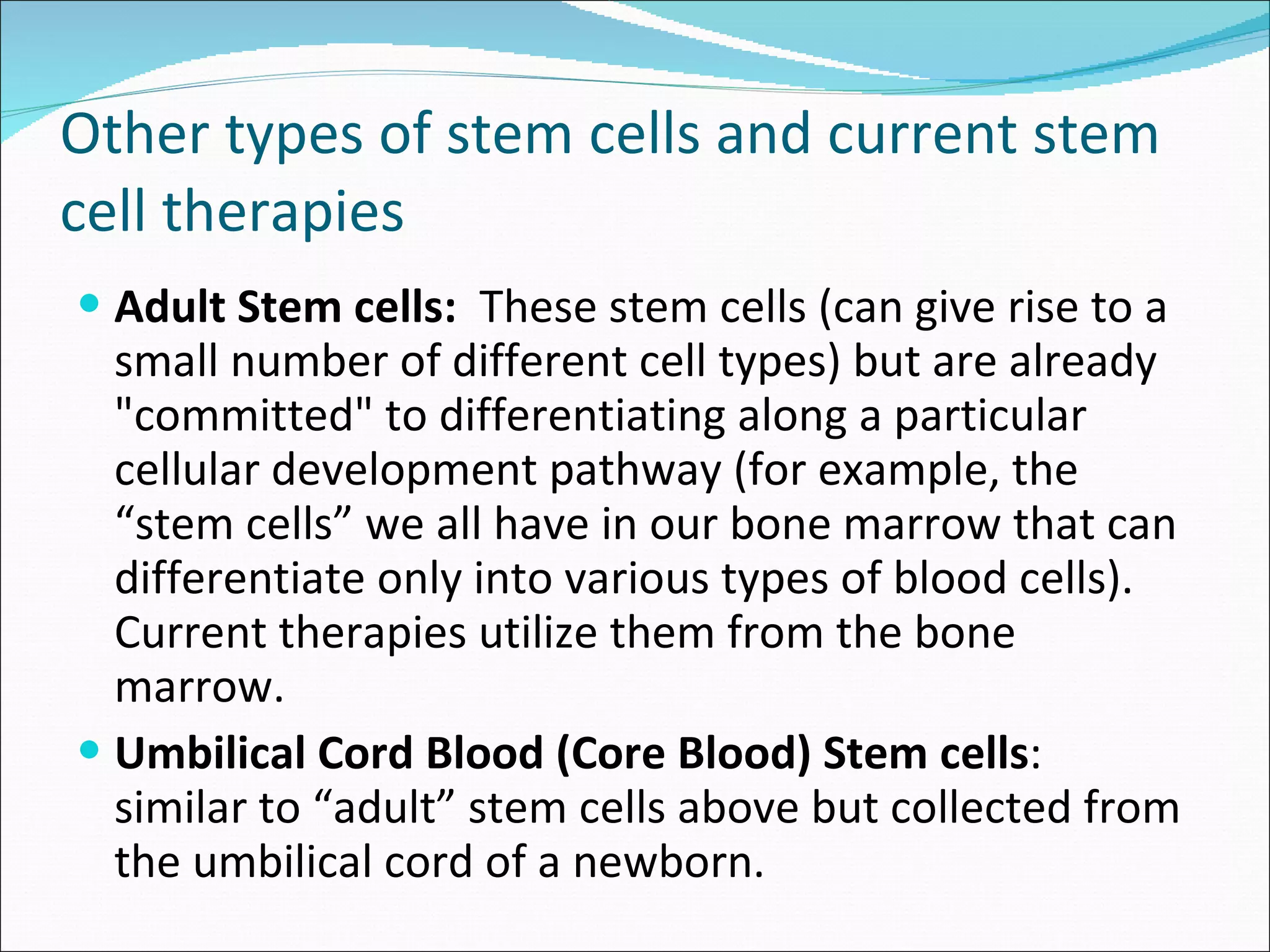 Other types of stem cells and current stem cell therapies Adult Stem cells:   These stem cells (can give rise to a small number of different cell types) but are already "committed" to differentiating along a particular cellular development pathway ( for example, the “stem cells” we all have in our bone marrow that can differentiate only into various types of blood cells).  Current therapies utilize them from the bone marrow. Umbilical Cord Blood (Core Blood) Stem cells :  similar to “adult” stem cells above but collected from the umbilical cord of a newborn.  