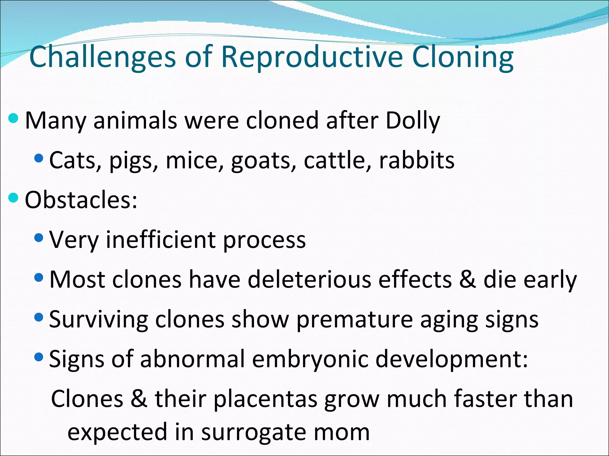 Challenges of Reproductive Cloning Many animals were cloned after Dolly  Cats, pigs, mice, goats, cattle, rabbits Obstacles: Very inefficient process Most clones have deleterious effects & die early Surviving clones show premature aging signs Signs of abnormal embryonic development: Clones & their placentas grow much faster than expected in surrogate mom 