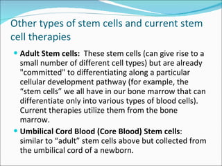 Other types of stem cells and current stem cell therapies Adult Stem cells:   These stem cells (can give rise to a small number of different cell types) but are already "committed" to differentiating along a particular cellular development pathway ( for example, the “stem cells” we all have in our bone marrow that can differentiate only into various types of blood cells).  Current therapies utilize them from the bone marrow. Umbilical Cord Blood (Core Blood) Stem cells :  similar to “adult” stem cells above but collected from the umbilical cord of a newborn.  