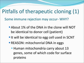 Pitfalls of therapeutic cloning (1)   Some immune rejection may occur- WHY? About 1% of the DNA in the clone will NOT be identical to donor cell (patient) It will be identical to egg cell used in SCNT REASON: mitochonrial DNA in eggs Human mitochondria carry about 13 genes, some of which code for surface proteins 