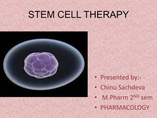 STEM CELL THERAPY
• Presented by:-
• Chinu Sachdeva
• M.Pharm 2ND sem
• PHARMACOLOGY
 