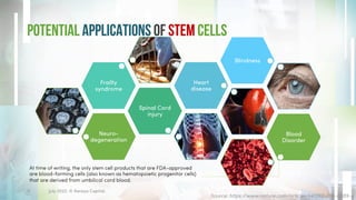 Potential Applications of Stem Cells
July 2022. © Xeraya Capital.
11
Neuro-
degeneration
Spinal Cord
injury
Frailty
syndrome
Heart
disease
Blindness
Blood
Disorder
Source: https://www.nature.com/articles/s41392-019-0089-y
At time of writing, the only stem cell products that are FDA-approved
are blood-forming cells (also known as hematopoietic progenitor cells)
that are derived from umbilical cord blood.