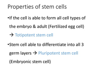 Properties of stem cells
•If the cell is able to form all cell types of
the embryo & adult (Fertilized egg cell)
 Totipotent stem cell
•Stem cell able to differentiate into all 3
germ layers  Pluripotent stem cell
(Embryonic stem cell)
 