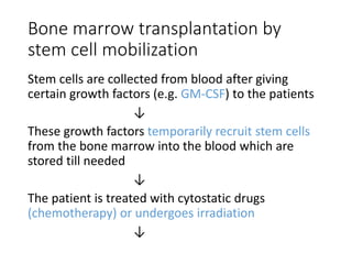 Bone marrow transplantation by
stem cell mobilization
Stem cells are collected from blood after giving
certain growth factors (e.g. GM-CSF) to the patients
↓
These growth factors temporarily recruit stem cells
from the bone marrow into the blood which are
stored till needed
↓
The patient is treated with cytostatic drugs
(chemotherapy) or undergoes irradiation
↓
 