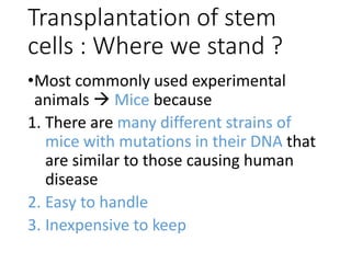 Transplantation of stem
cells : Where we stand ?
•Most commonly used experimental
animals  Mice because
1. There are many different strains of
mice with mutations in their DNA that
are similar to those causing human
disease
2. Easy to handle
3. Inexpensive to keep
 