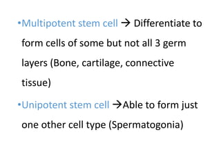 •Multipotent stem cell  Differentiate to
form cells of some but not all 3 germ
layers (Bone, cartilage, connective
tissue)
•Unipotent stem cell Able to form just
one other cell type (Spermatogonia)
 