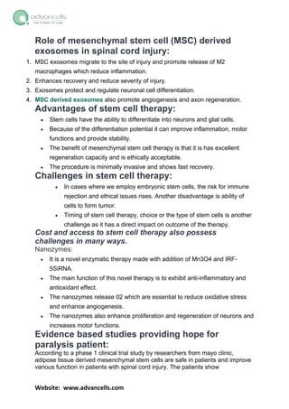 Stem Cell Therapy For Spinal Cord Injury: Hope For Paralyzed Patients | PDF
