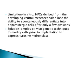  Limitation-In vitro, NPCs derived from the 
developing ventral mesencephalon lose the 
ability to spontaneously differentiate into 
dopaminergic cells after only a few divisions 
 Solution-employ ex vivo genetic techniques 
to modify cells prior to implantation to 
express tyrosine hydroxylase 
 