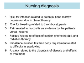 Nursing diagnosis
1. Risk for infection related to potential bone marrow
depression due to chemotherapy
2. Risk for bleeding related to thrombocytopenia
3. Pain related to mucositis as evidence by the patient’s
verbal reports
4. Fatigue related to effects of cancer, chemotherapy, and
radiation therapy
5. Imbalance nutrition les then body requirement related
to difficulty in swallowing
6. Anxiety related to the diagnosis of disease and effects
of treatment
 