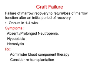Graft Failure
Failure of marrow recovery to return/loss of marrow
function after an initial period of recovery.
• Occurs in 1-4 wks
Symptoms :
Absent /Prolonged Neutropenia,
Hypoplasia
Hemolysis
Rx:
Administer blood component therapy
Consider re-transplantation
 