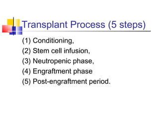 Transplant Process (5 steps)
(1) Conditioning,
(2) Stem cell infusion,
(3) Neutropenic phase,
(4) Engraftment phase
(5) Post-engraftment period.
 