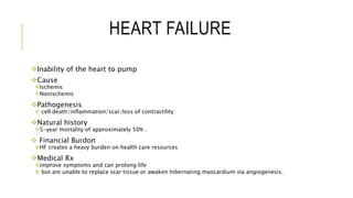 HEART FAILURE
Inability of the heart to pump
Cause
Ischemic
Nonischemic
Pathogenesis
 cell death/inflammation/scar/loss of contractility
Natural history
5-year mortality of approximately 50% .
 Financial Burdon
HF creates a heavy burden on health care resources
Medical Rx
improve symptoms and can prolong life
 but are unable to replace scar tissue or awaken hibernating myocardium via angiogenesis.
 