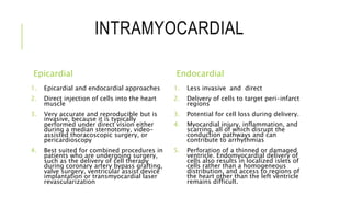 INTRAMYOCARDIAL
Epicardial
1. Epicardial and endocardial approaches
2. Direct injection of cells into the heart
muscle
3. Very accurate and reproducible but is
invasive, because it is typically
performed under direct vision either
during a median sternotomy, video-
assisted thoracoscopic surgery, or
pericardioscopy
4. Best suited for combined procedures in
patients who are undergoing surgery,
such as the delivery of cell therapy
during coronary artery bypass grafting,
valve surgery, ventricular assist device
implantation or transmyocardial laser
revascularization
Endocardial
1. Less invasive and direct
2. Delivery of cells to target peri-infarct
regions
3. Potential for cell loss during delivery.
4. Myocardial injury, inflammation, and
scarring, all of which disrupt the
conduction pathways and can
contribute to arrhythmias
5. Perforation of a thinned or damaged
ventricle. Endomyocardial delivery of
cells also results in localized islets of
cells rather than a homogeneous
distribution, and access to regions of
the heart other than the left ventricle
remains difficult.
 