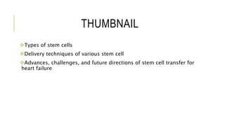 THUMBNAIL
Types of stem cells
Delivery techniques of various stem cell
Advances, challenges, and future directions of stem cell transfer for
heart failure
 