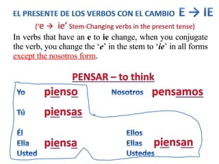 In verbs that have an  e  to  ie  change, when you conjugate the verb, you change the ‘ e ’ in the stem to ‘ ie ’ in all forms  except the nosotros form . 