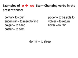 c o ntar– to count enc o ntrar – to meet to find c o lgar – to hang c o star – to cost Examples of  o     ue   Stem-Changing verbs in the present tense: p o der – to be able to v o lver – to return ll o ver – to rain d o rmir – to sleep 