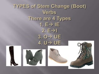 TYPES of Stem Change (Boot) VerbsThere are 4 Types1. E IE2. EI3. O UE4. U UE<br />