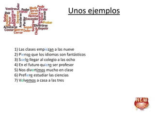 Unos ejemplos



1) Las clases empiezan a las nueve
2) Pienso que los idiomas son fantásticos
3) Suelo llegar al colegio a las ocho
4) En el futuro quiero ser profesor
5) Nos divertimos mucho en clase
6) Prefiere estudiar las ciencias
7) Volvemos a casa a las tres
 