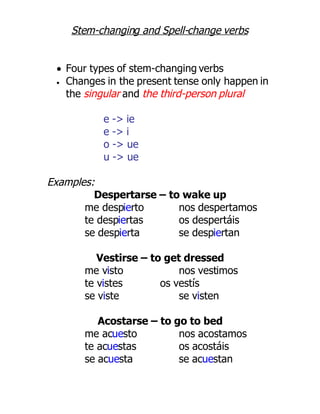 Stem-changing and Spell-change verbs


  Four types of stem-changing verbs
  Changes in the present tense only happen in

   the singular and the third-person plural

          e -> ie
          e -> i
          o -> ue
          u -> ue

Examples:
         Despertarse – to wake up
       me despierto      nos despertamos
       te despiertas     os despertáis
       se despierta      se despiertan

          Vestirse – to get dressed
       me visto            nos vestimos
       te vistes       os vestís
       se viste            se visten

          Acostarse – to go to bed
       me acuesto         nos acostamos
       te acuestas        os acostáis
       se acuesta         se acuestan
 