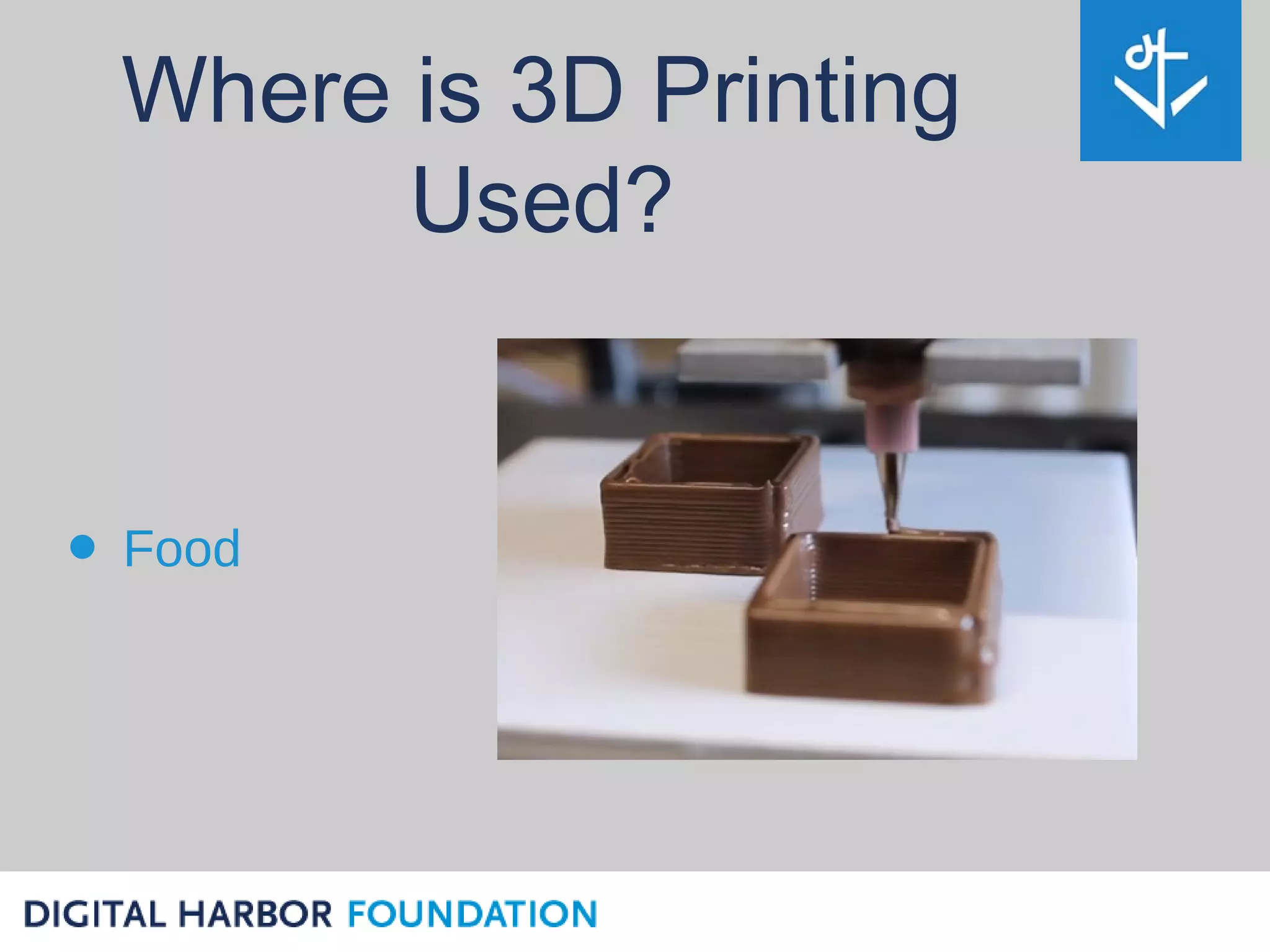Where is 3D Printing
       Used?


• Food
 