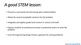 A good STEM lesson:
• Presents a real-world and interesting open-ended problem.
• Allows for several acceptable solutions for the problem.
• Integrates and applies grade-level content in science and math.
• Expects students to work/communicate in productive teams to solve the
problem.
• Uses the Engineering Design Process approach for solving problems.
Source: https://goo.gl/Y9D75g
 