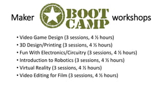 Maker workshops
• Video Game Design (3 sessions, 4 ½ hours)
• 3D Design/Printing (3 sessions, 4 ½ hours)
• Fun With Electronics/Circuitry (3 sessions, 4 ½ hours)
• Introduction to Robotics (3 sessions, 4 ½ hours)
• Virtual Reality (3 sessions, 4 ½ hours)
• Video Editing for Film (3 sessions, 4 ½ hours)
 