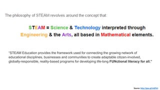 Source: http://goo.gl/mSPViJ
“STEAM Education provides the framework used for connecting the growing network of
educational disciplines, businesses and communities to create adaptable citizen-involved,
globally-responsible, reality-based programs for developing life-long FUNctional literacy for all.”
 