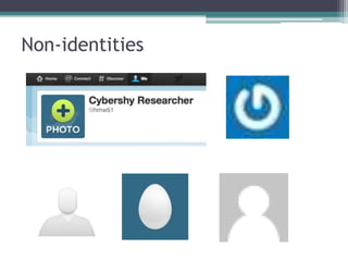 Tools and platforms
• Your Department or
Faculty webpage
• Your University‟s Virtual
Research Environment
(Camtools) and digital
repository (DSpace)
• Your own website
(Wordpress, Google
Sites)
• Gravatar
• Flavours.me, About.me
• Creating profiles:
▫ LinkedIn
▫ Facebook
▫ Academia.edu
▫ Researchgate
▫ Methodspace
▫ Colwiz
▫ Google+ profile
▫ Google Scholar profile
▫ ResearcherID
▫ ORCID
 