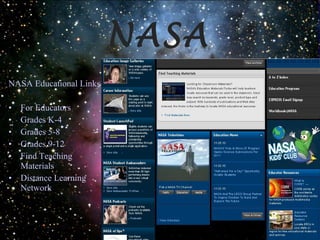 NASA   NASA Educational Links For Educators Grades K-4 Grades 5-8 Grades 9-12 Find Teaching Materials Distance Learning Network 