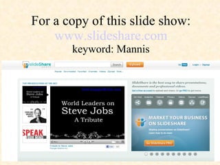 For a copy of this slide show: www.slideshare.com keyword: Mannis 