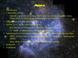 Agenda Introduction 3 Stars and a Wish Identify 3 goals for attendance, and 1 wish for info on integration ideas. Elbow share or whole group (depending on attendance) Objectives for this presentation STEM, 21 st  C Skills, and Common Core Fast Review of Framework for Science Standard changes 21 st  Skills – Collaboration, virtual field trips/labs Introductions to Government funded websites with established educator links FREE, NASA, NOAA, Science.gov, BIOBEAT, NEH, LoC, Smithsonian, HHMI Share ideas on integrating sites – table discussion, group Reflection Evaluation 