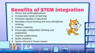 Benefits of STEM integration
1. Shows real world applications
2. Incorporates hands on learning
3. Promotes equality in education
4. Develops critical thinking and cross disciplinary
thinking
5. Fosters creativity
6. Encourages independent thinking and
exploration
7. Teaches collaboration
8. Builds resilience
9. Sparks interest in future careers
 