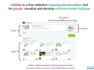 LiteMap – Collective mapping for individual and group annotation
members
Groupo
Maps
https://www.youtube.com/watch?v=nXSaLZqdC8Y&feature=youtu.be
Key actions
LiteMap is a free collective mapping and annotation tool
for groups visualize and develop evidence-based dialogue
 