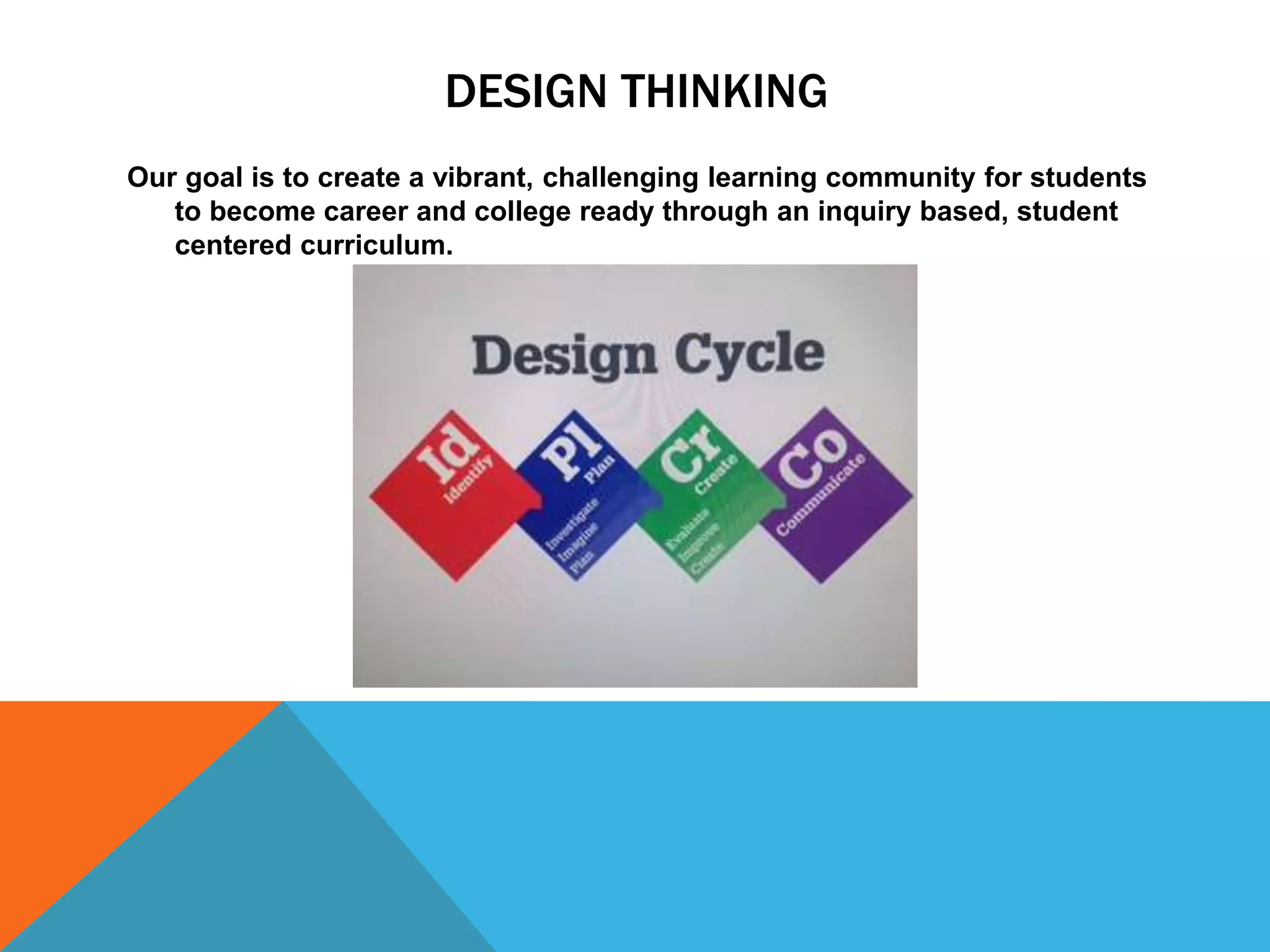 DESIGN THINKING
Our goal is to create a vibrant, challenging learning community for students
to become career and college ready through an inquiry based, student
centered curriculum.
 