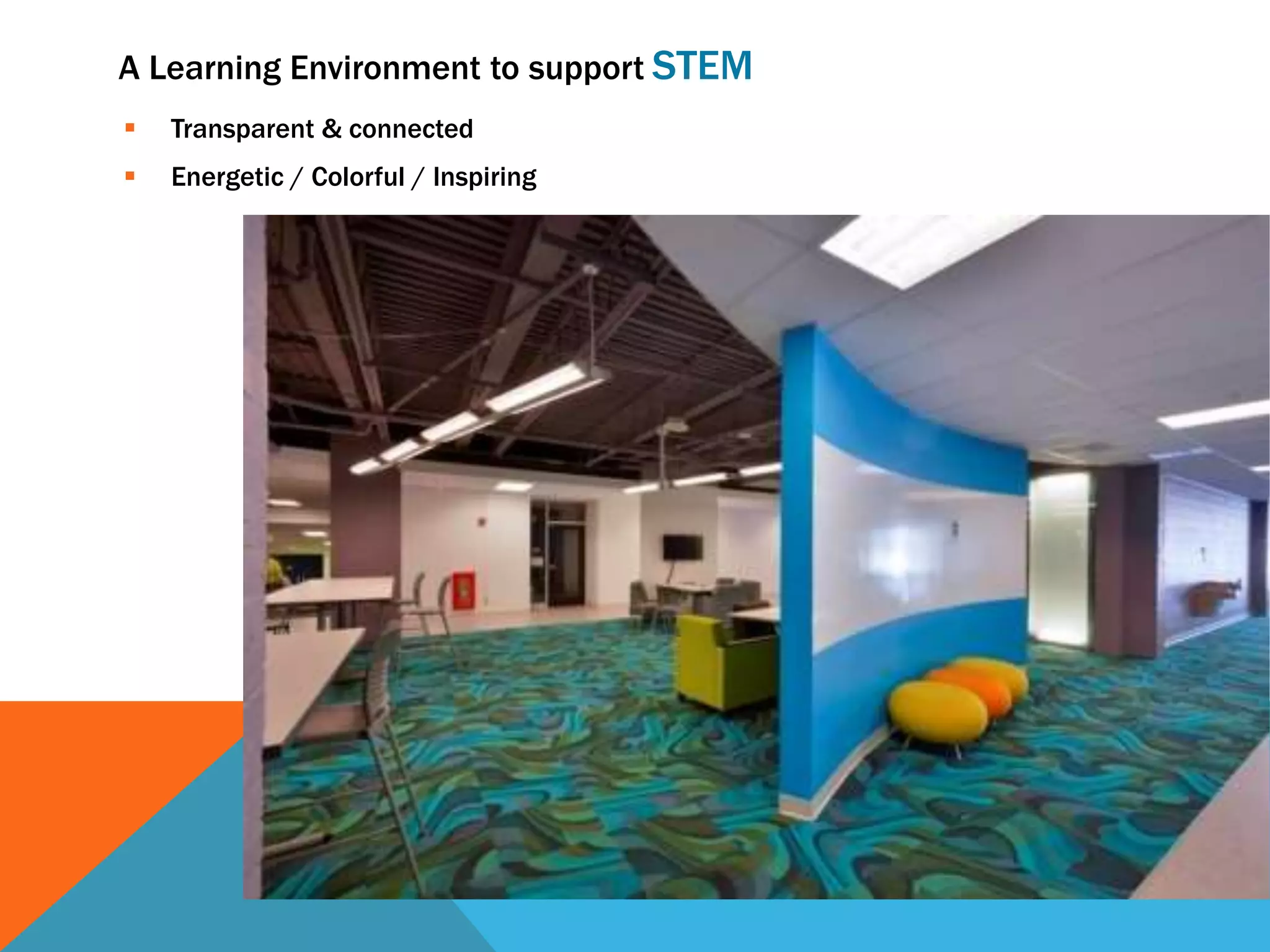 A Learning Environment to support STEM
 Transparent & connected
 Energetic / Colorful / Inspiring
 