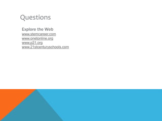 Questions
Explore the Web
www.stemcareer.com
www.onetonline.org
www.p21.org
www.21stcenturyschools.com
 
