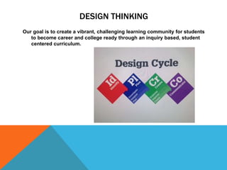 DESIGN THINKING
Our goal is to create a vibrant, challenging learning community for students
to become career and college ready through an inquiry based, student
centered curriculum.
 