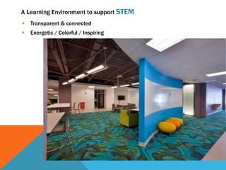 A Learning Environment to support STEM
 Transparent & connected
 Energetic / Colorful / Inspiring
 