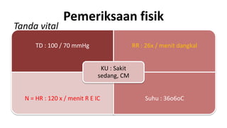 Tanda vital

Pemeriksaan fisik

TD : 100 / 70 mmHg

RR : 26x / menit dangkal
KU : Sakit
sedang, CM

N = HR : 120 x / menit R E IC

Suhu : 36o6oC

 