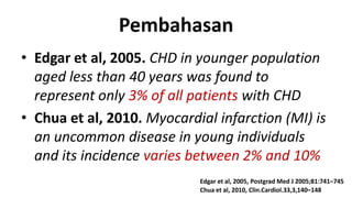 Pembahasan
• Edgar et al, 2005. CHD in younger population
aged less than 40 years was found to
represent only 3% of all patients with CHD
• Chua et al, 2010. Myocardial infarction (MI) is
an uncommon disease in young individuals
and its incidence varies between 2% and 10%
Edgar et al, 2005, Postgrad Med J 2005;81:741–745
Chua et al, 2010, Clin.Cardiol.33,3,140–148

 