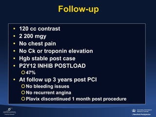 Follow-up
•
•
•
•
•
•

120 cc contrast
2 200 mgy
No chest pain
No Ck or troponin elevation
Hgb stable post case
P2Y12 INHIB POSTLOAD
¡ 47%

• At follow up 3 years post PCI
¡ No bleeding issues
¡ No recurrent angina
¡ Plavix discontinued 1 month post procedure

 