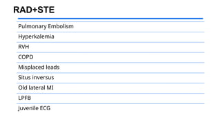 RAD+STE
Pulmonary Embolism
Hyperkalemia
RVH
COPD
Misplaced leads
Situs inversus
Old lateral MI
LPFB
Juvenile ECG
 