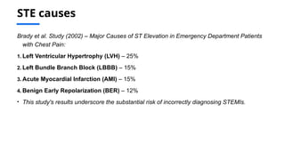 STE causes
Brady et al. Study (2002) – Major Causes of ST Elevation in Emergency Department Patients
with Chest Pain:
1. Left Ventricular Hypertrophy (LVH) – 25%
2. Left Bundle Branch Block (LBBB) – 15%
3. Acute Myocardial Infarction (AMI) – 15%
4. Benign Early Repolarization (BER) – 12%
• This study's results underscore the substantial risk of incorrectly diagnosing STEMIs.
 