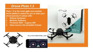 Drone Pluto 1.2
Pluto 1.2 is the most agile and modular
Aerial platform meant for you to start your
drone journey It comes with:
1. Robust hardware
2. Modular Software
1. Firmware SDK - Cygnus IDE
3. Open-source (3d printable) frames
 