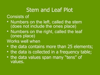 Stem and Leaf Plot
Consists of
 Numbers on the left, called the stem
  (does not include the ones place)
 Numbers on the right, called the leaf
  (ones place)
Works well when
 the data contains more than 25 elements;
 the data is collected in a frequency table;
 the data values span many “tens” of
  values.
 