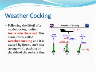 Weather Cocking
 Following the liftoff of a
model rocket, it often
turns into the wind. This
maneuver is called
weather cocking and it is
caused by forces, such as a
strong wind, pushing on
the side of the rocket’s fins.
 