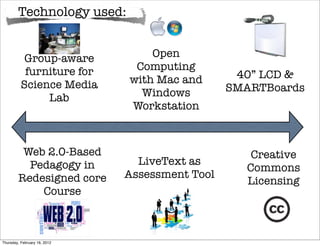 Technology used:


           Group-aware            Open
           furniture for       Computing
                              with Mac and       40” LCD &
          Science Media                         SMARTBoards
               Lab              Windows
                              Workstation



         Web 2.0-Based                              Creative
          Pedagogy in           LiveText as
                                                   Commons
        Redesigned core       Assessment Tool
                                                   Licensing
            Course



Thursday, February 16, 2012
 