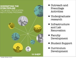 • Outreach and
                                Precollege
                                Activities

                              • Undergraduate
                                research

                              • Infrastructure
                                and Lab
                                Renovation

                              • Faculty
                                Development

                              • Student Support
                              • Curriculum
                                Development

Thursday, February 16, 2012
 
